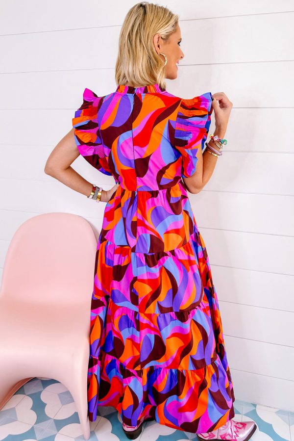 Multicolour Plus Abstract Print Ruffled Mock Neck Tiered Maxi Dress - Image 2