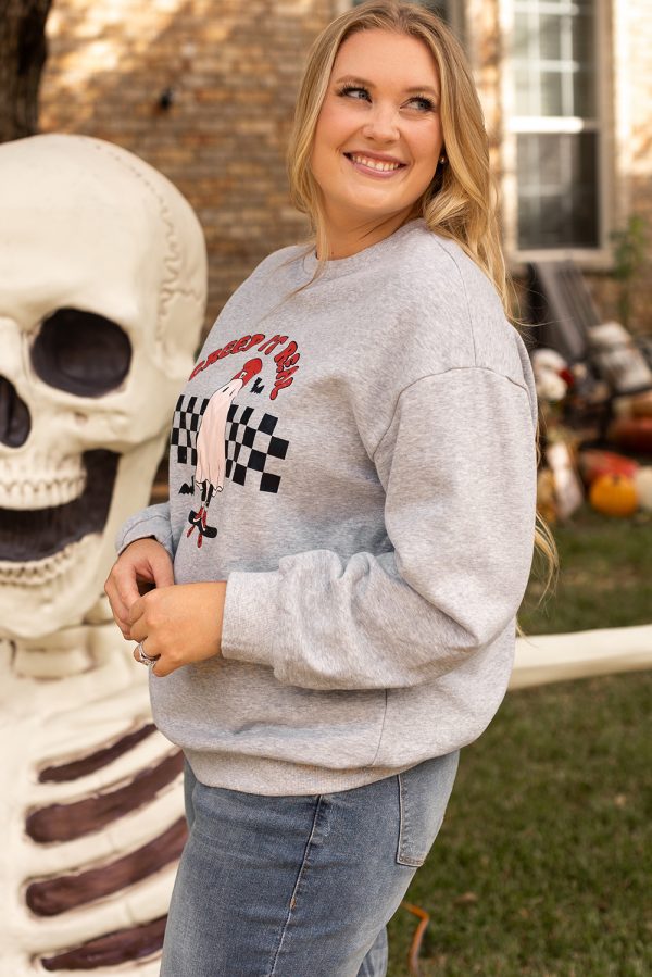 Light Grey Creep It Real Ghost Print Plus Size Sweatshirt - Image 3