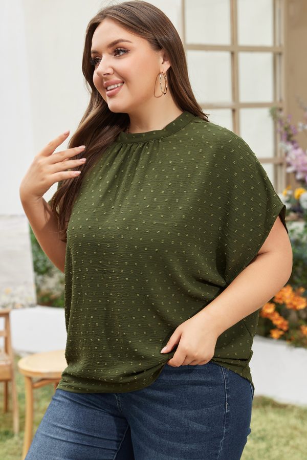 Moss Green Plus Size Swiss Dot Mock Neck Tied Nape Top - Image 3