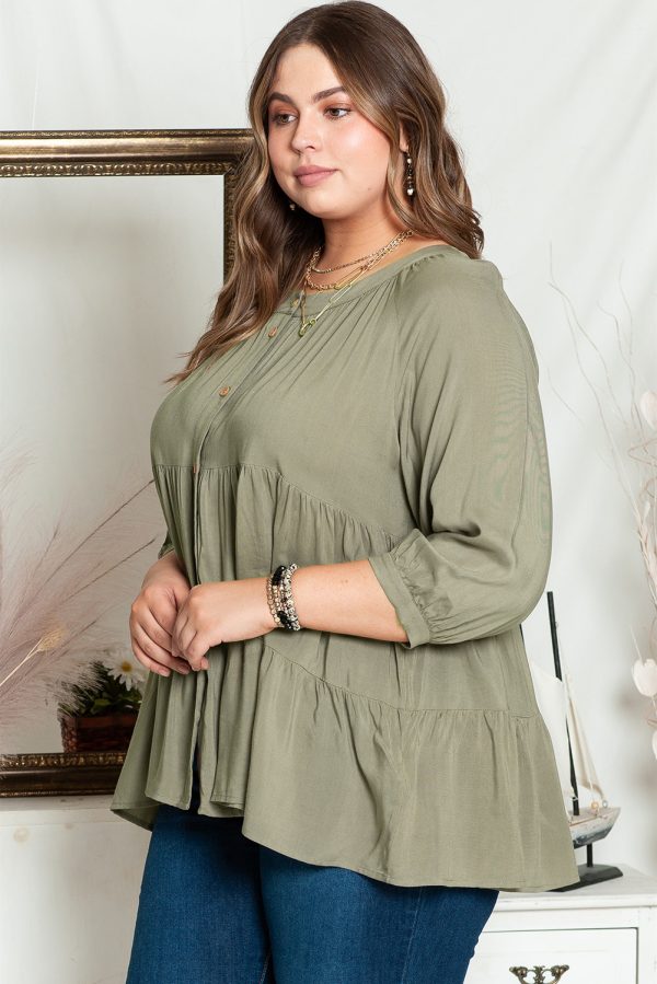 Green Plus Size Ruffle Tiered Split Neck Shirt - Image 3