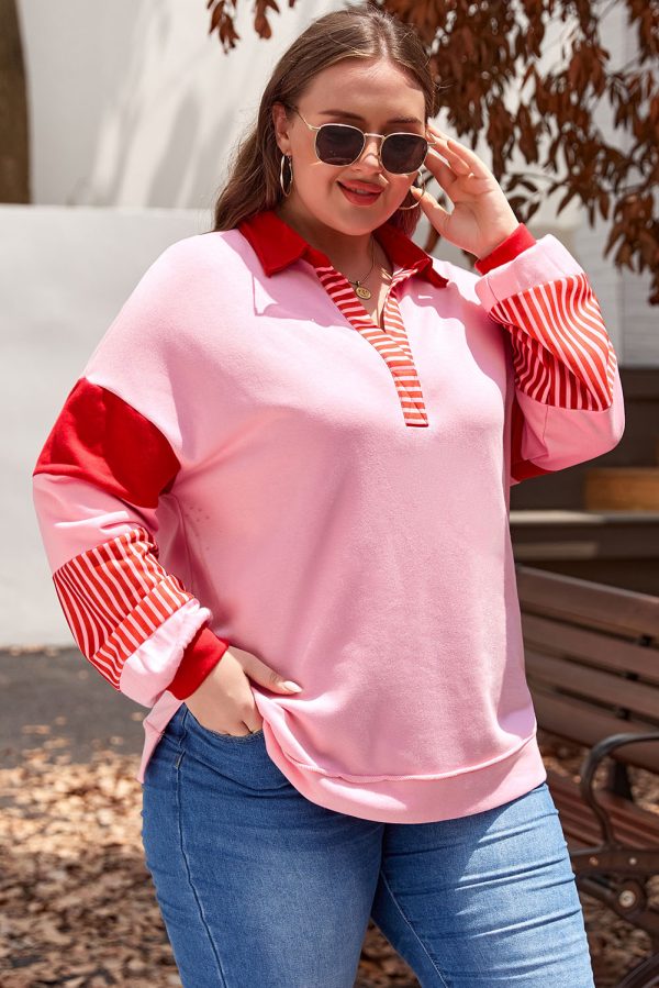 Rose Striped Patchwork Side Split Collared Plus Size Sweatshirt - Image 3