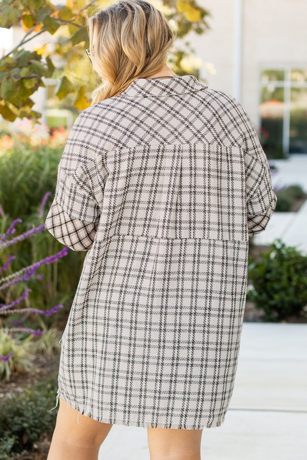 White Stripe Plus Size Plaid Buttoned Raw Hem Tunic Shirt Dress - Image 2