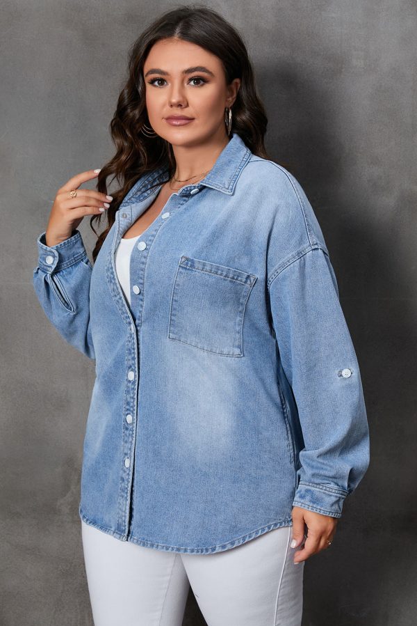 Sky Blue Plus Size Chest Pocket Button-Up Denim Shacket - Image 3