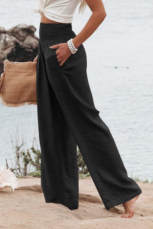 Black Shirred High Waist Plus Size Wide Leg Pants - Image 3