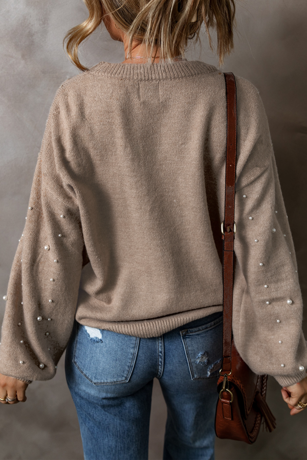 Smoke Gray Pearled Drop Shoulder Plus Size Sweater - Image 2