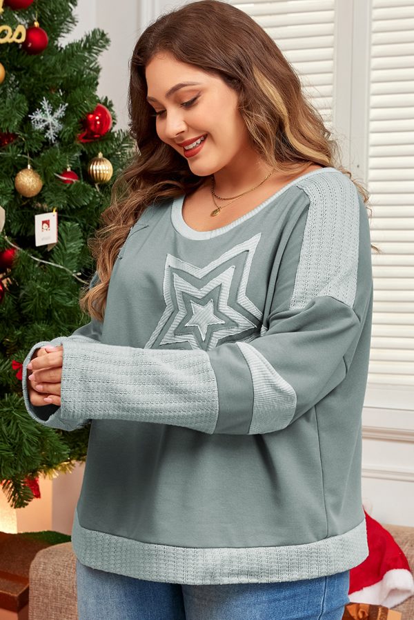 Mist Green Stars Patchwork Round Neck Plus Size T Shirt - Image 3