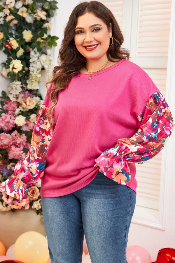 Bright Pink Floral Patchwork Flounce Sleeve Rib Knit Plus Top - Image 3