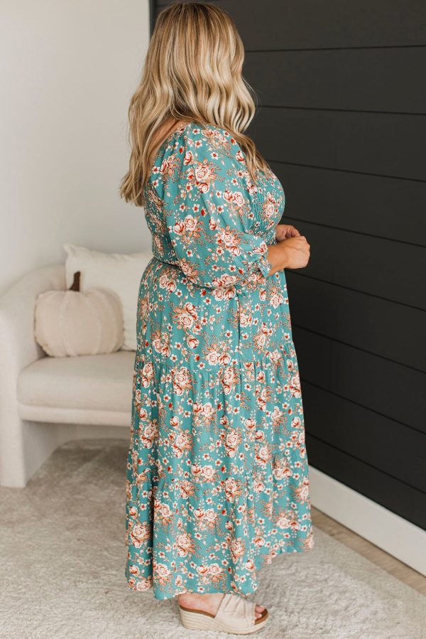 Green Plus Size Floral Print Square Neck Smocked Maxi Dress - Image 3