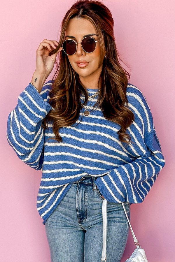 Sky Blue Stripe Drop Shoulder O Neck Plus Size Sweater - Image 3