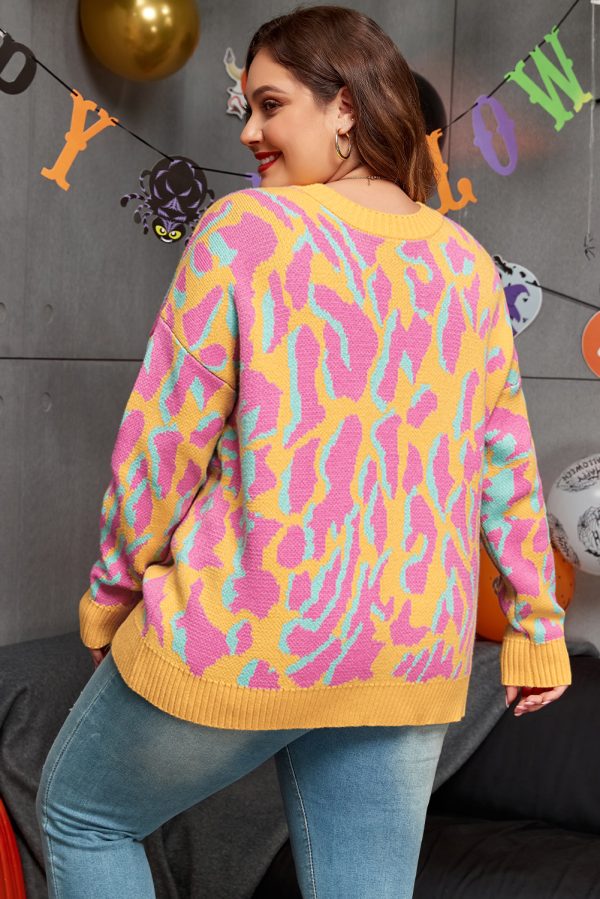 Bright Pink Plus Size Leopard Ribbed Trim Sweater - Image 2