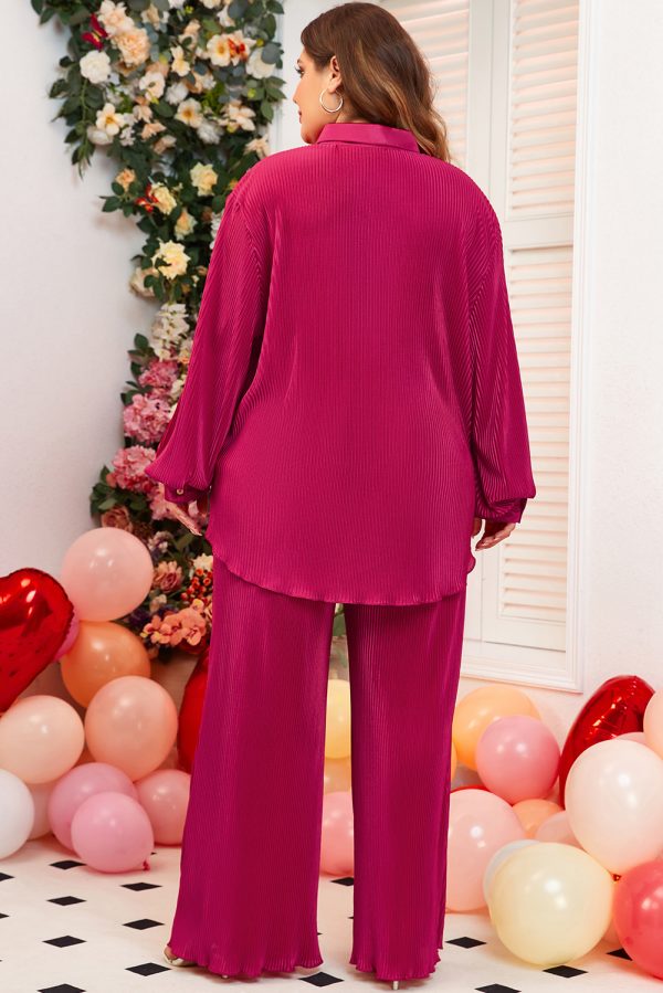 Rose Red Plus Size Ribbed Long Sleeve Shirt and Pants Pajama Set - Image 2