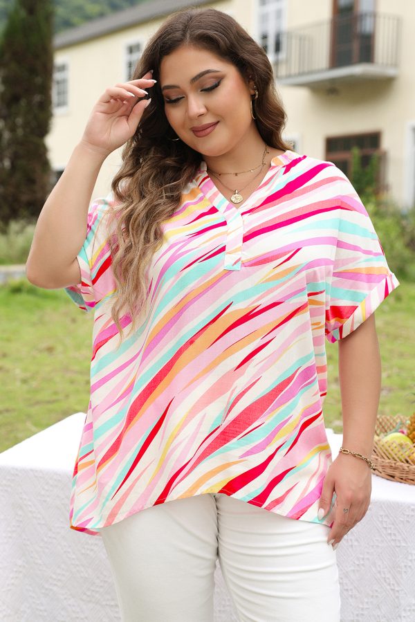 White Abstract Print Short Sleeve Notched Neck Plus Size Top - Image 3