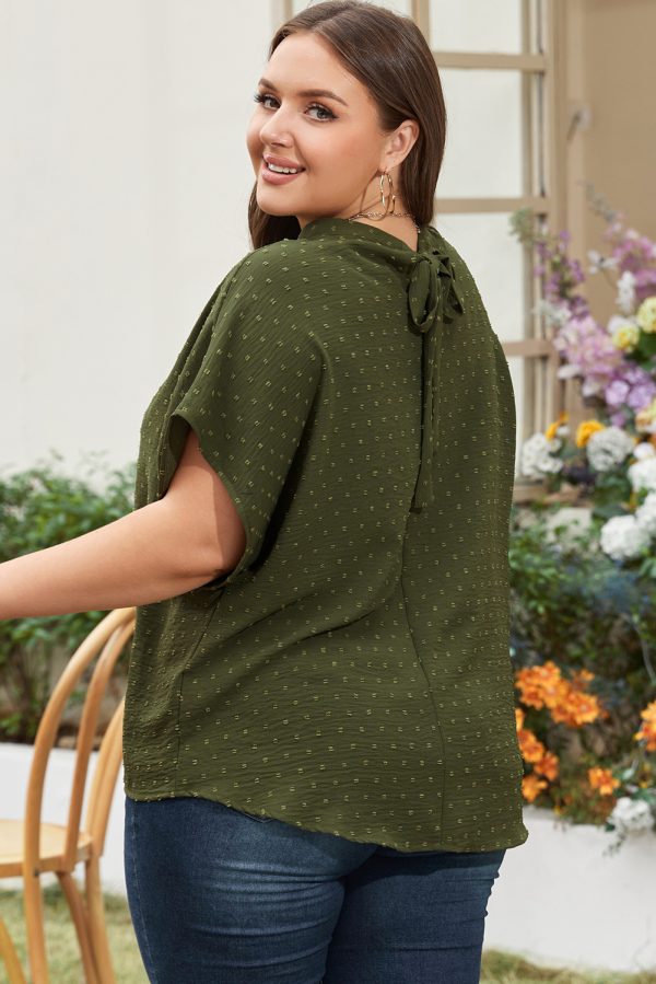 Moss Green Plus Size Swiss Dot Mock Neck Tied Nape Top - Image 2