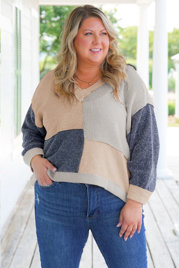 Ashleigh Blue Plus Size Textured Colorblock Patchwork V Neck Top - Image 3