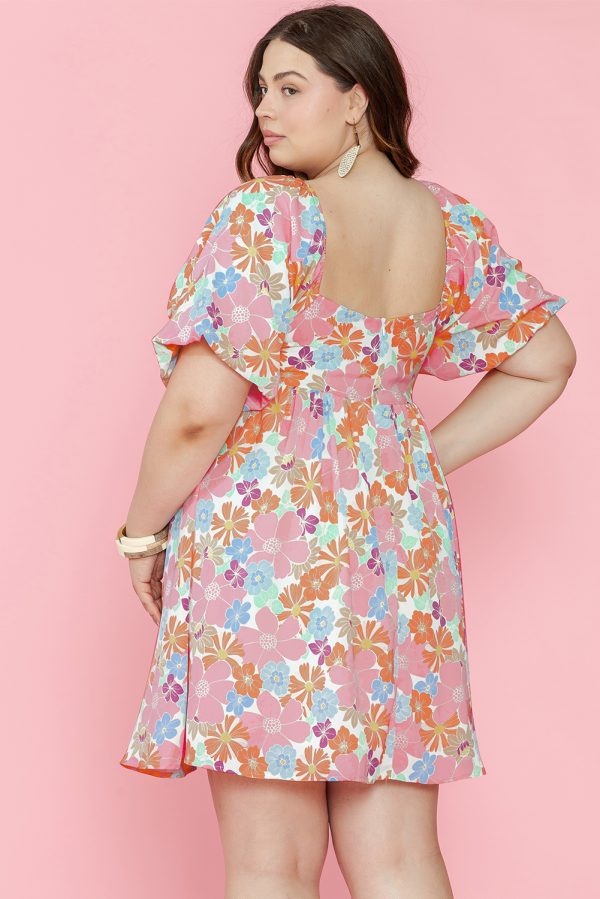 Multicolour Floral Puff Sleeve Square Neck Plus Babydoll Dress - Image 2