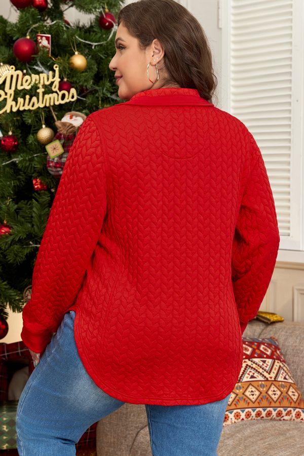 Tomato Red Cable Textured Quarter Zip Pocketed Plus Size Pullover - Image 2