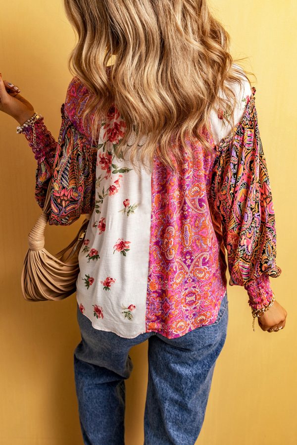 Pink Multicolor Floral Patchwork Shirred Cuffs Buttoned Blouse - Image 2