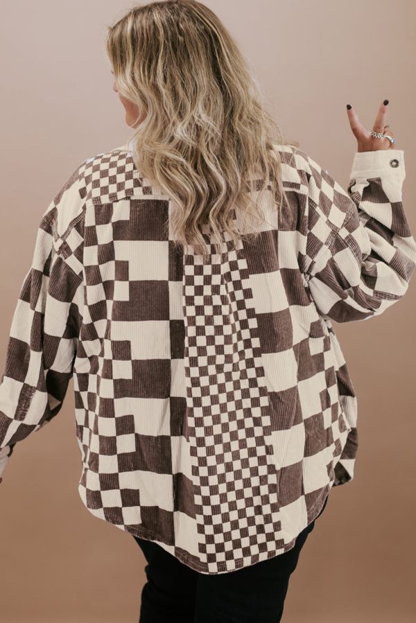 Brown Color Block Checkered Print Corduroy Plus Size Shacket - Image 2