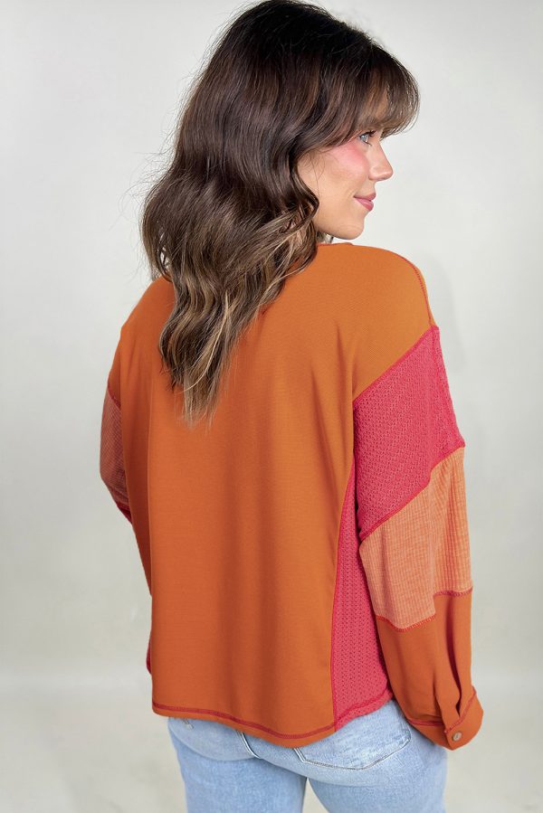 Orange Textured Knit Color Block Patchwork Chest Pocket Plus Size Top - Image 2