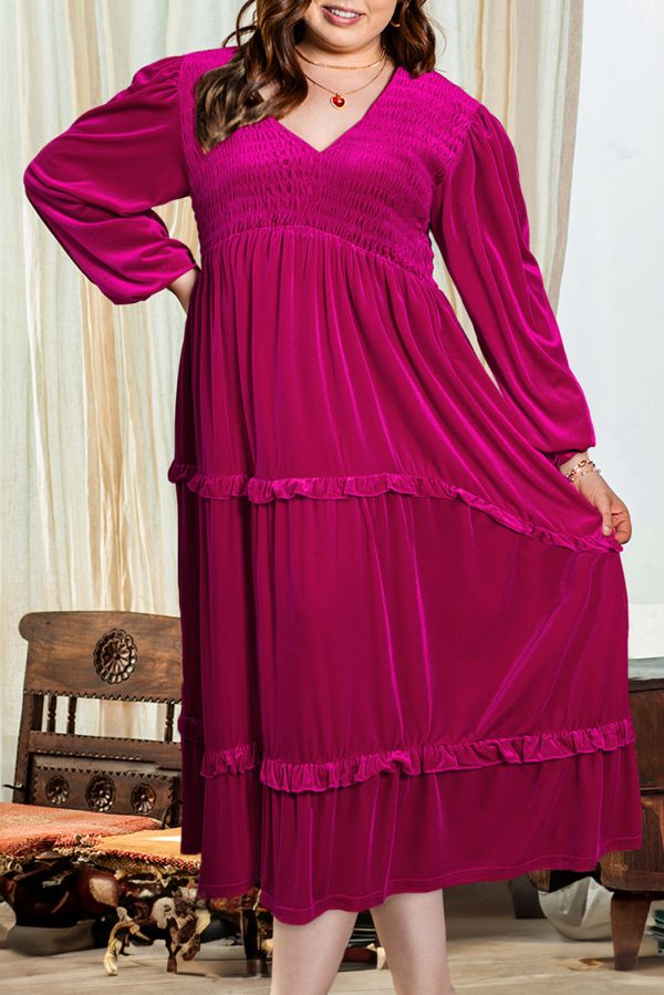 Rose Red Shirred V Neck Tiered Ruffled Velvet Plus Size Maxi Dress - Image 3