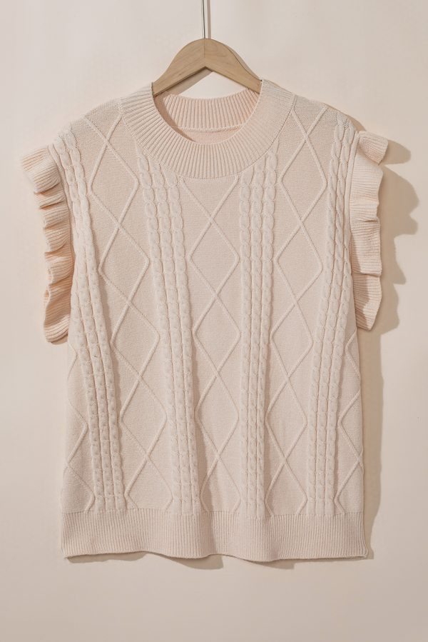 Oatmeal Plus Cable Knit Short Ruffled Sleeve Mock Neck Sweater - Image 3