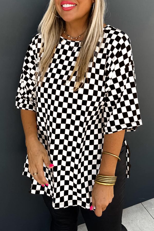 Black Checkered Print Side Slits O Neck Plus Size T Shirt