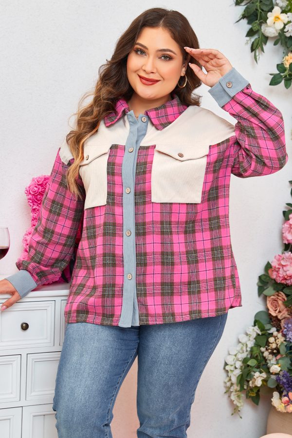 Red Plaid Print Waffle Knit Patchwork Plus Size Shirt - Image 3