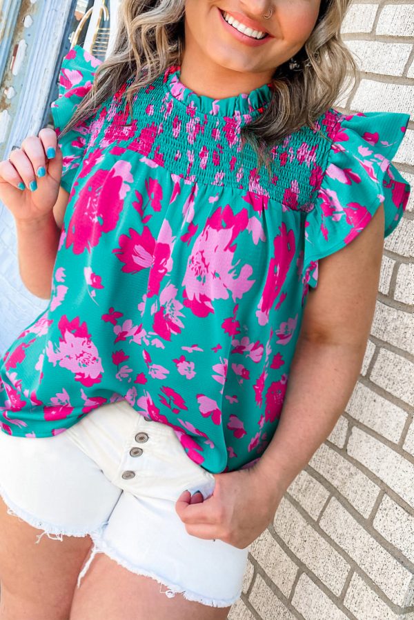 Green Floral Smocked Detail Ruffled Plus Size Blouse - Image 3