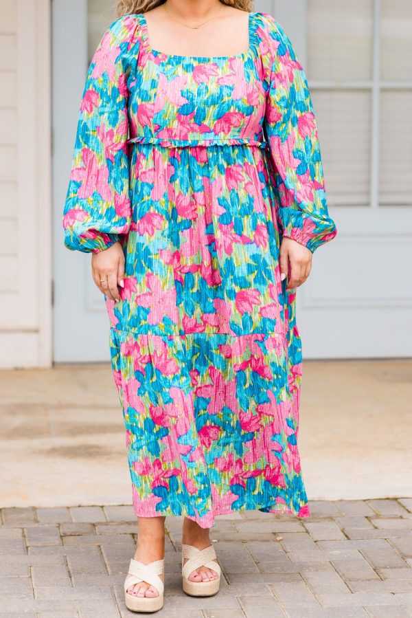 Sky Blue Floral Allover Print Shirred Square Neck Plus Size Maxi Dress - Image 3