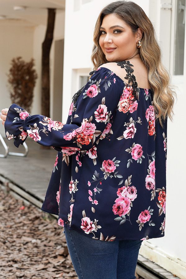 Navy Blue Plus Size Crochet Detail Cold shoulder Floral Blouse - Image 2