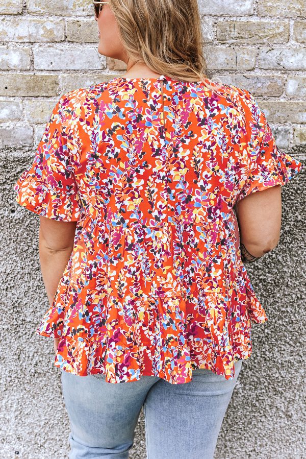 Orange Floral Printed Ruffle Sleeve Curvy Babydoll Blouse - Image 2