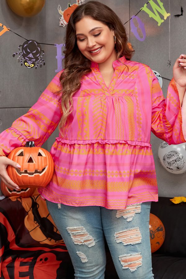 Vitality Orange Plus Size Geometric Printed Bell Sleeve Babydoll Blouse - Image 3