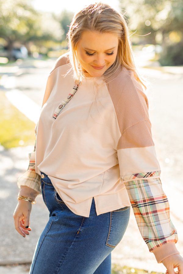 Parchment Plus Size Plaid Patchwork Layered Henley Top - Image 3