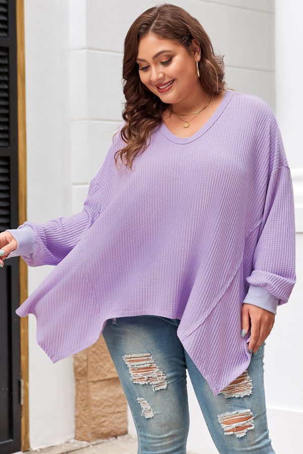 Orchid Petal Plus Size Waffle Knit Exposed Seam Flowy Top - Image 3