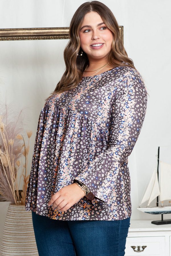 Purple Floral Print Round Neck Plus Size Babydoll Blouse - Image 3