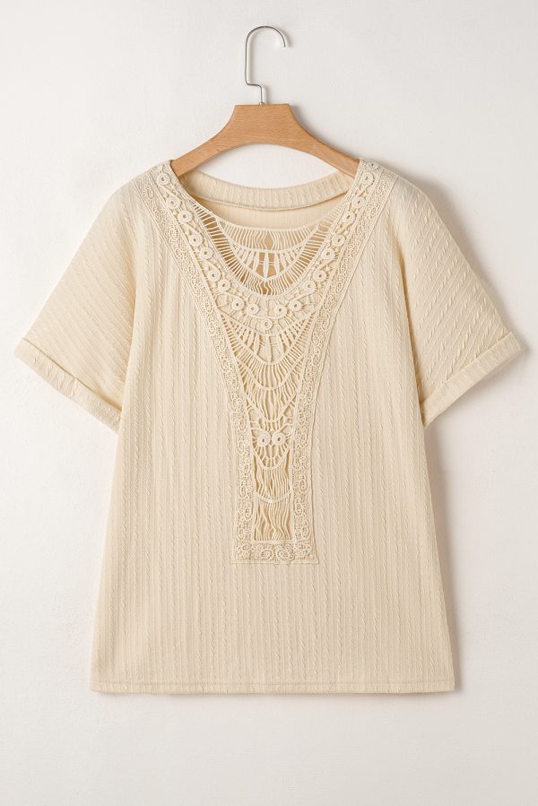 Beige Lace Crochet Patched Cable Textured Cuffed Short Sleeve Plus Size Top - Image 4