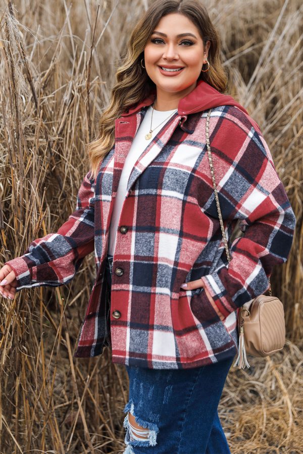 Red Printed Plus Size Plaid Button up Hooded Jacket - Image 3