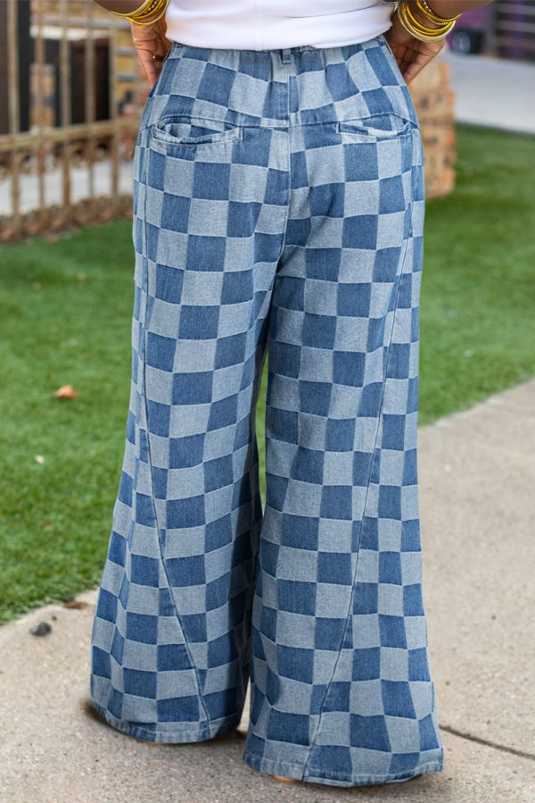 Dusk Blue Plus Size Checkered Seamed High Waist Wide Leg Jeans - Image 2