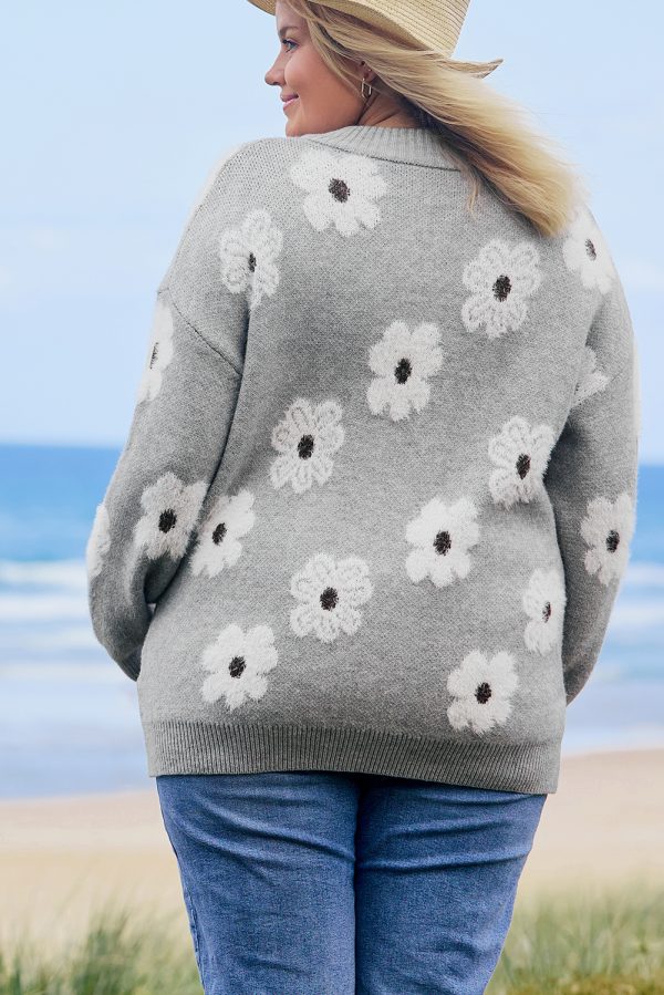 Gray Plus Size Embroidered Floral Pattern Half Zip Sweater - Image 2