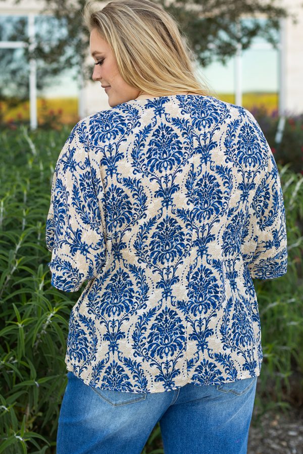 Blue Plus Size Ethnic Printed 3/4 Sleeve V Neck Loose Blouse - Image 2