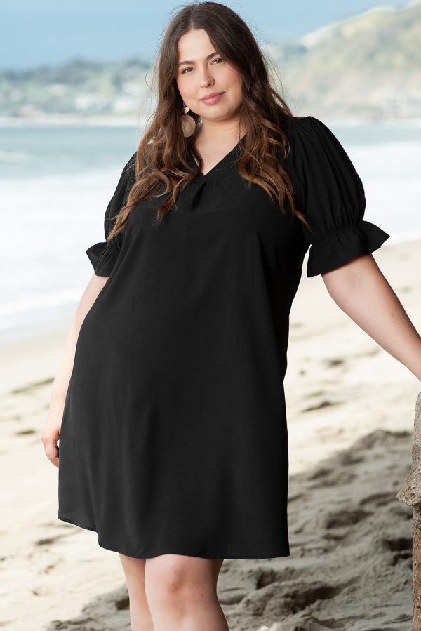 Black Solid Ruffled Puff Sleeve V Neck Plus Size Mini Dress - Image 2