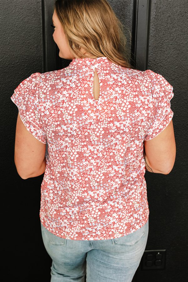 Pink Plus Size Floral Print Ruffled Sleeve Frilled Neck Blouse - Image 2