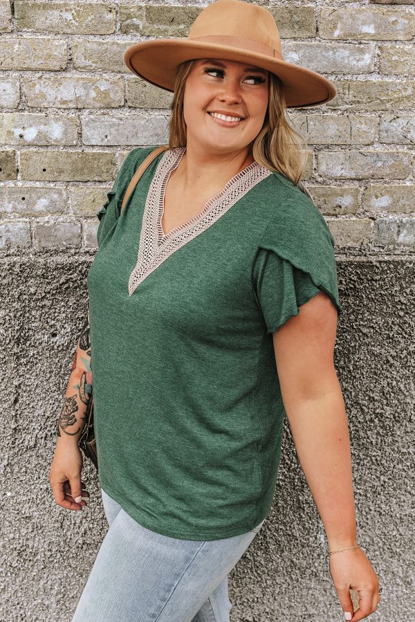 Blackish Green Plus Size Embroidery V Neck Draped Sleeve Blouse - Image 3