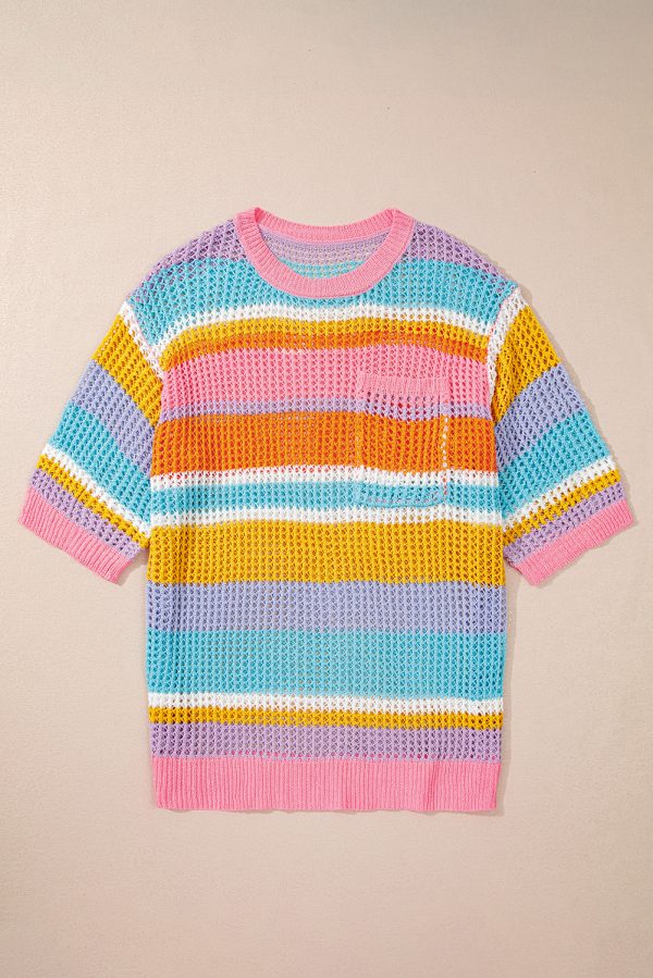 Pink Stripe Plus Size Open Knit Patch Pocket Short Sleeve Sweater - Image 3