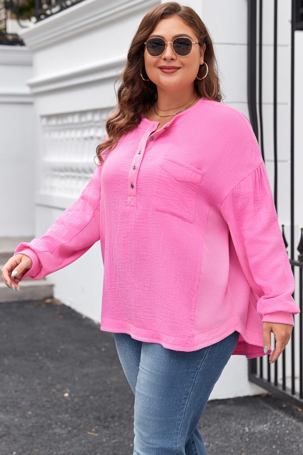 Bonbon Half Buttons Chest Pocket Drop Sleeve Plus Size Top - Image 3