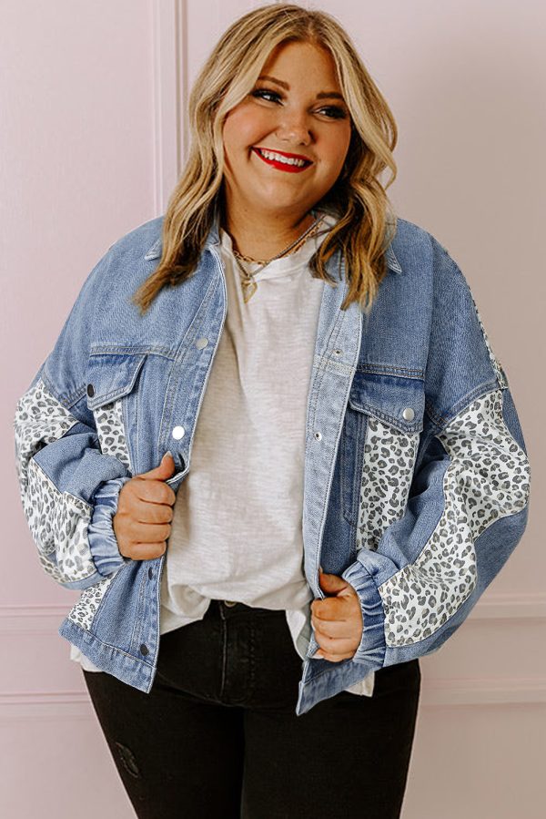 Beau Blue Leopard Patchwork Flap Detail Plus Size Denim Jacket - Image 3