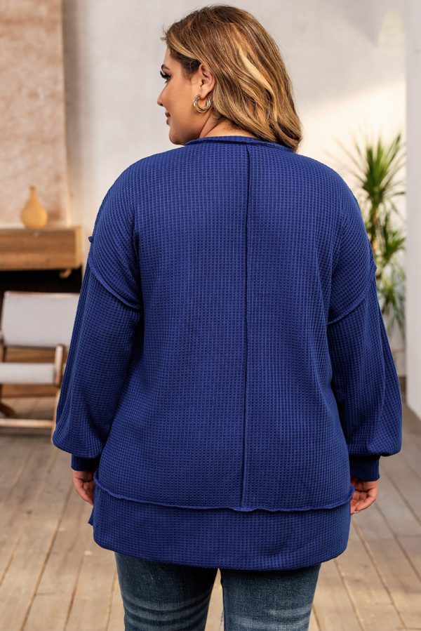 Blue Plus Size Waffle Knit Oversized Exposed Seam Top - Image 2