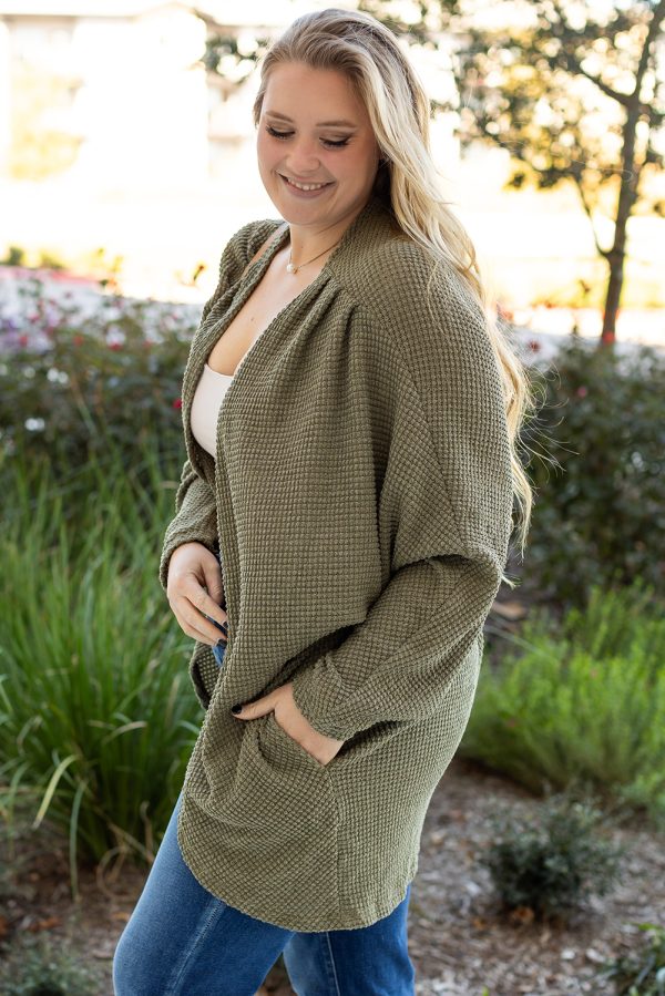 Seagrass Waffle Knit Drop Shoulder Open Front Pocketed Plus Size Cardigan - Image 3