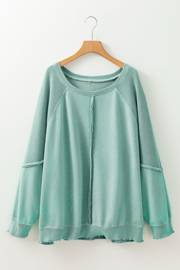 Mineral Blue Textured Patchwork Frilled Trim Plus Size Pullover Sweatshirt - Image 3