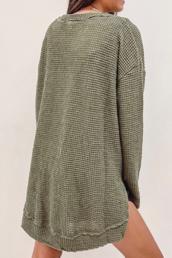 Moss Green Plus Size Textured Knit Long Sleeve Top - Image 2